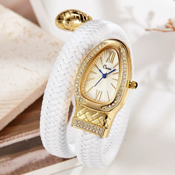 Luxury Quartz Watch with Snake Design and Diamond Leather Band