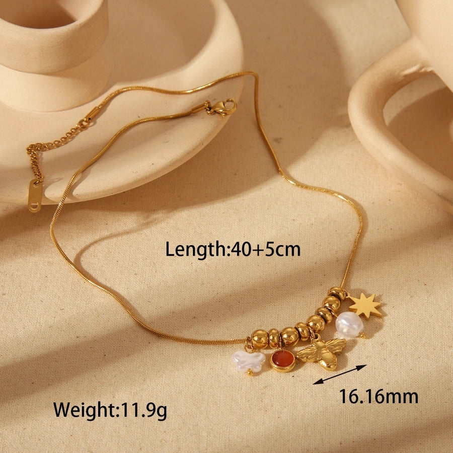 Heart Flower Bee Stainless Steel Artificial Pearls 18K Gold Plated Epoxy Plating Inlay Pendant Necklace