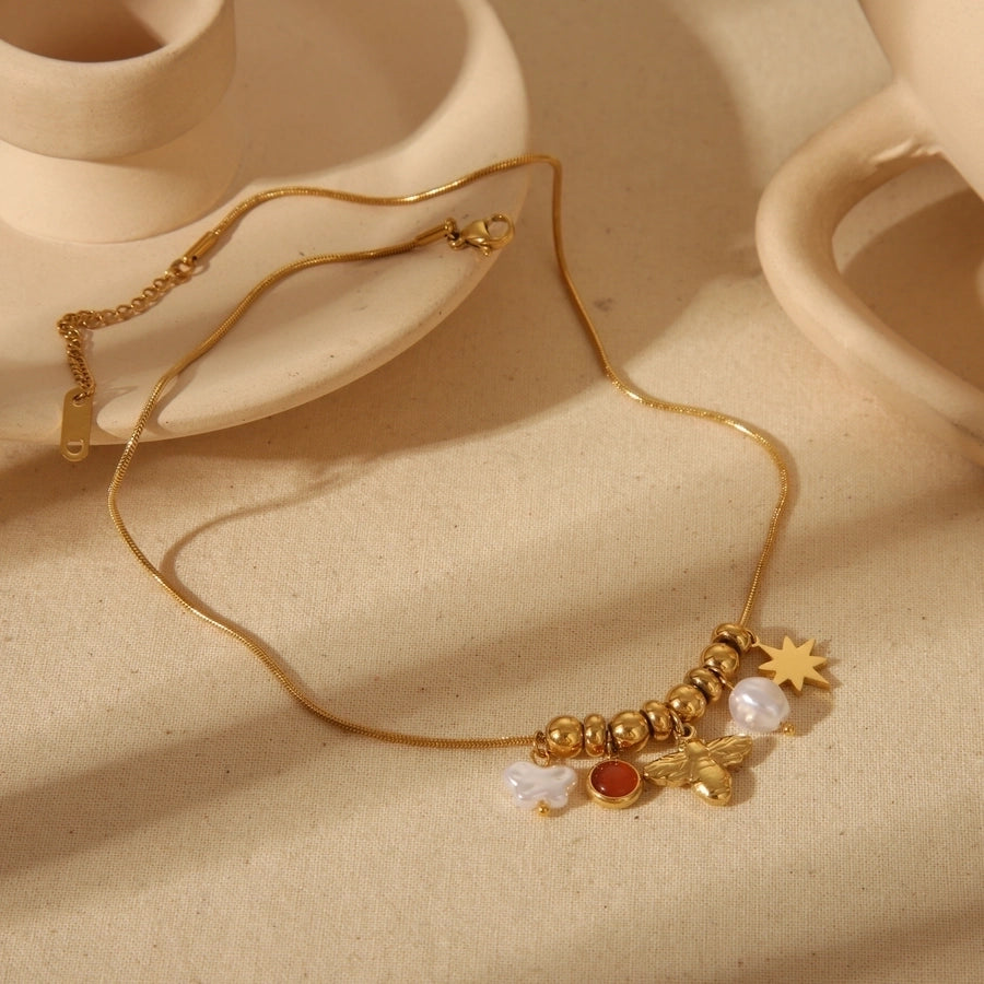 Heart Flower Bee Stainless Steel Artificial Pearls 18K Gold Plated Epoxy Plating Inlay Pendant Necklace