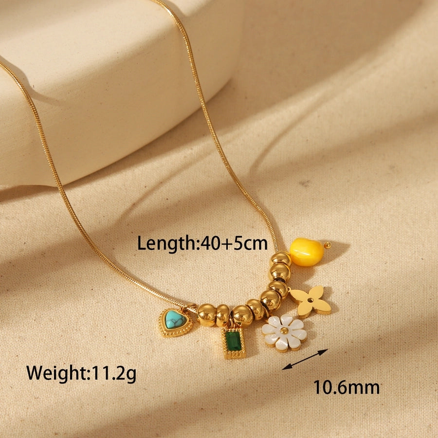 Heart Flower Bee Stainless Steel Artificial Pearls 18K Gold Plated Epoxy Plating Inlay Pendant Necklace