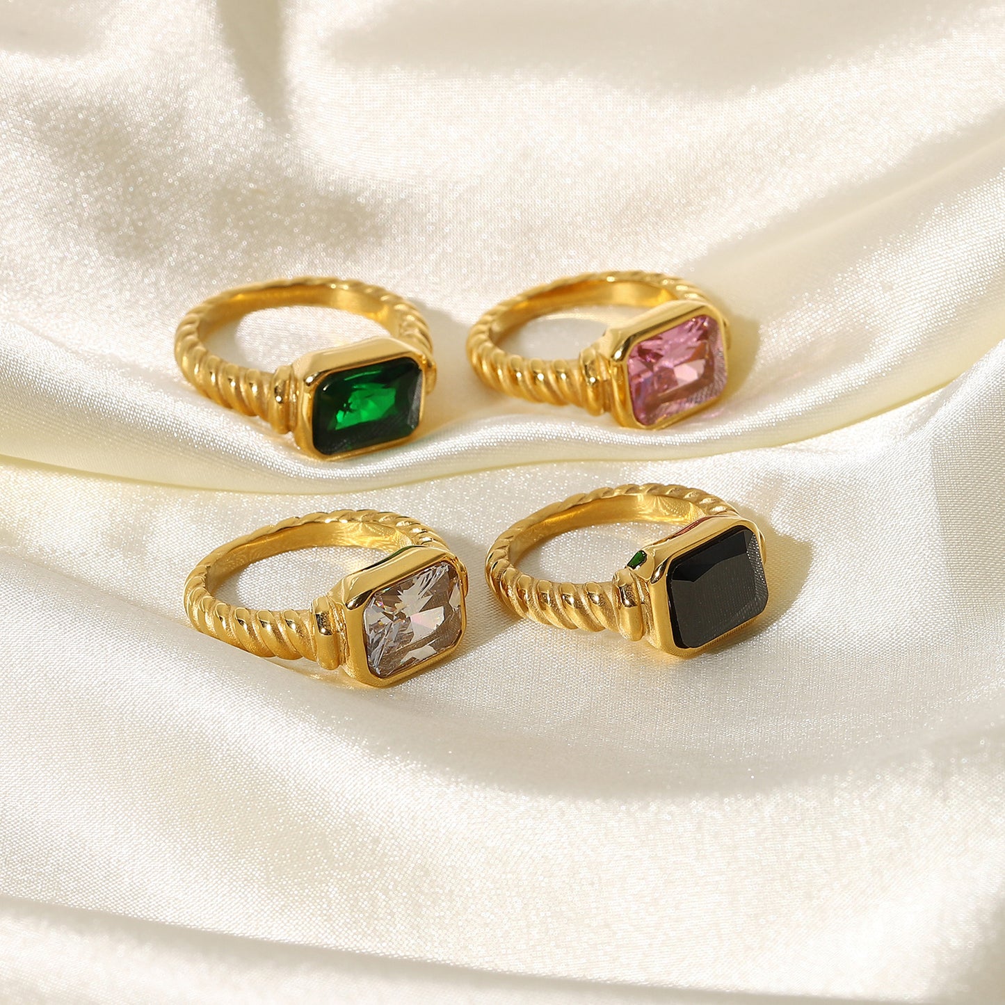 Rectangular Emerald Pink White Black Zircon Ring