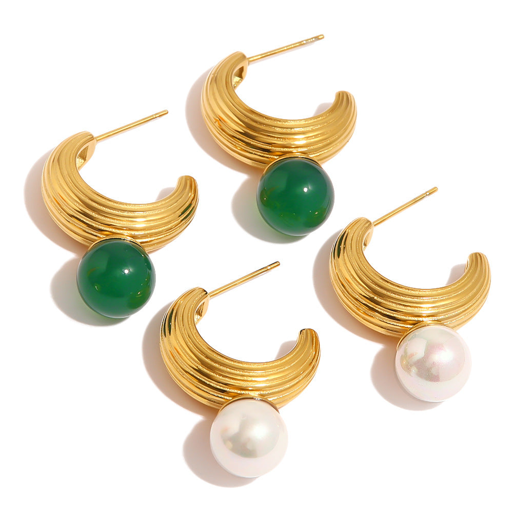 18K Gold Fashion Retro C Shape Thread Inlaid Pearl Versatile Earrings