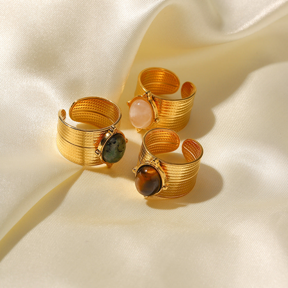 18K Gold Plated Inlaid Natural Tiger Eye Adjustable Wide Ring