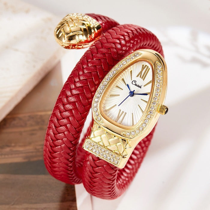 Luxury Quartz Watch with Snake Design and Diamond Leather Band