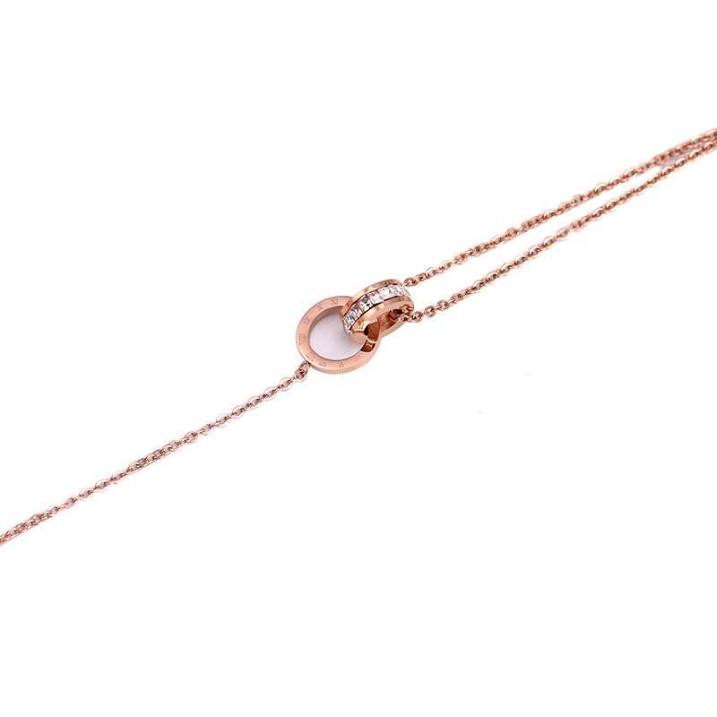 Exquisite and luxurious rose gold double-ring Roman numerals inlaid with white diamond design titanium steel anklet