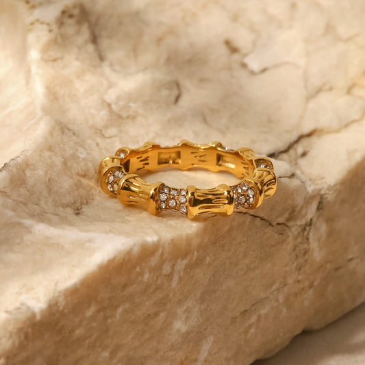 18K Gold Plated White Diamond Bamboo Ring