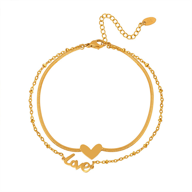 18K gold exquisite and fashionable heart with "LOVE" double-layer design anklet