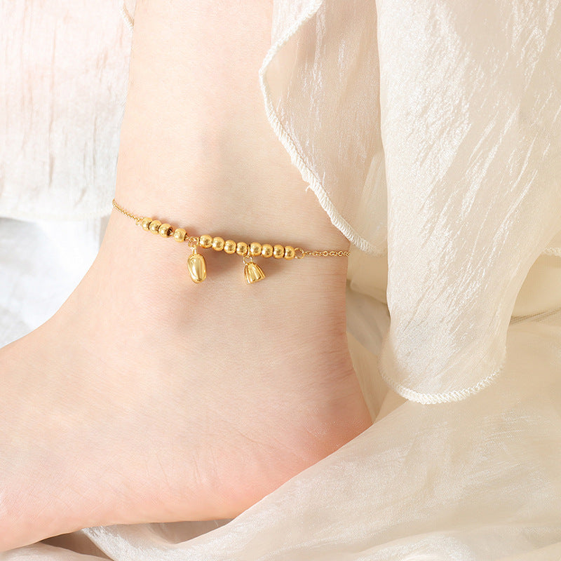 18K gold trendy and fashionable lotus flower with round bead design light luxury style anklet