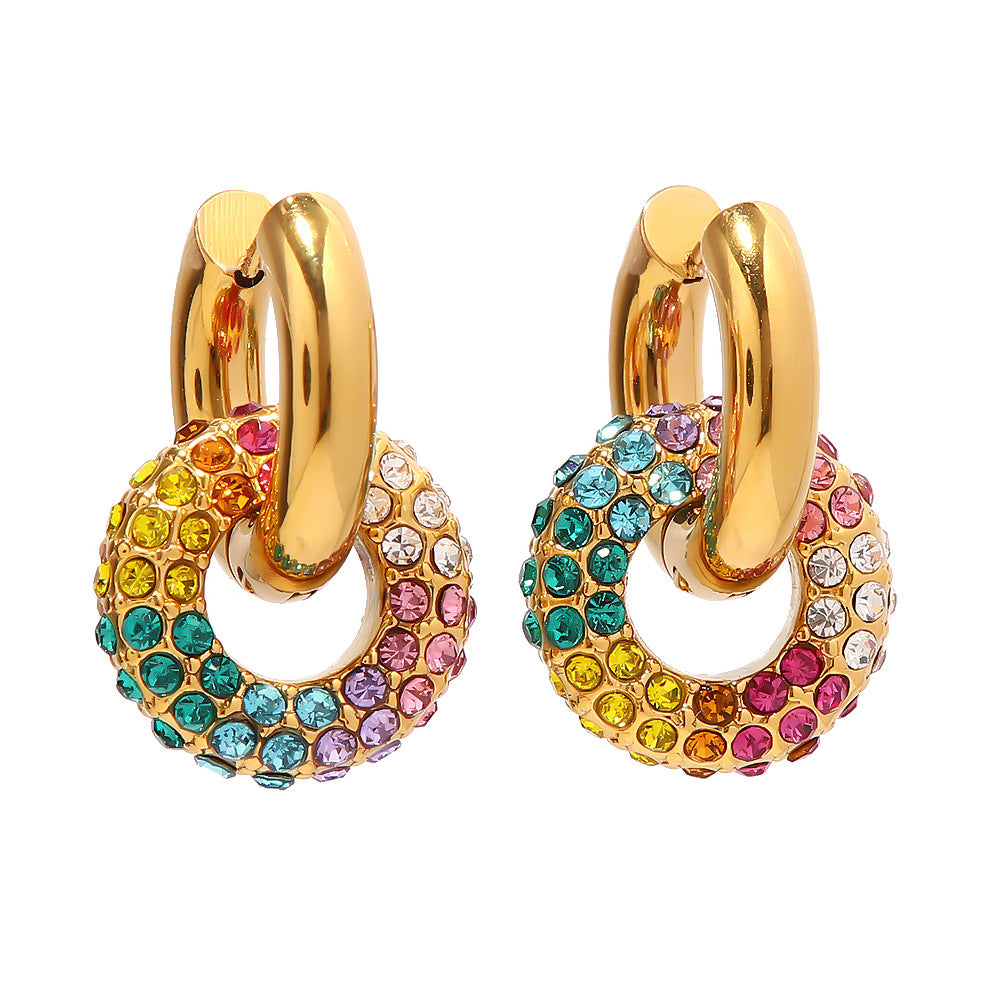 18k Gold Fashion Exquisite Colorful Diamond Donut Design Versatile Earrings "