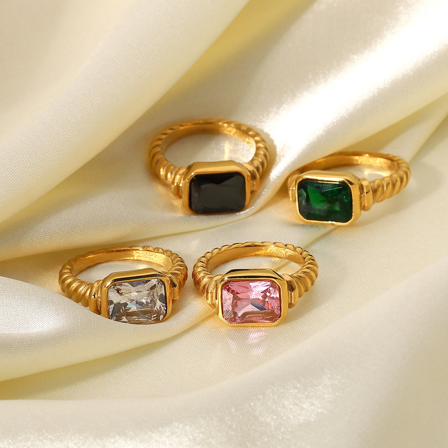 Rectangular Emerald Pink White Black Zircon Ring