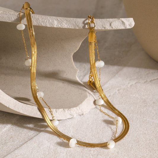 18K gold simple double-layer chain with pearl design anklet