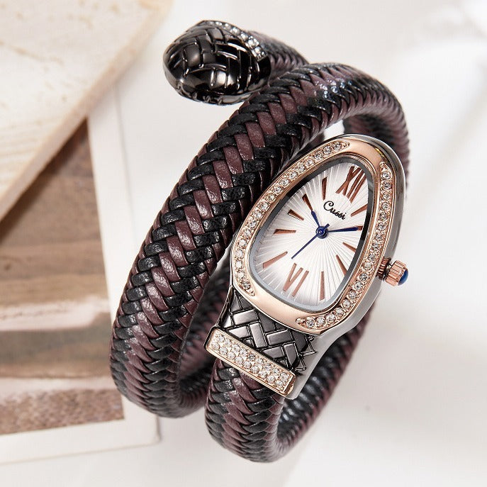 Luxury Quartz Watch with Snake Design and Diamond Leather Band