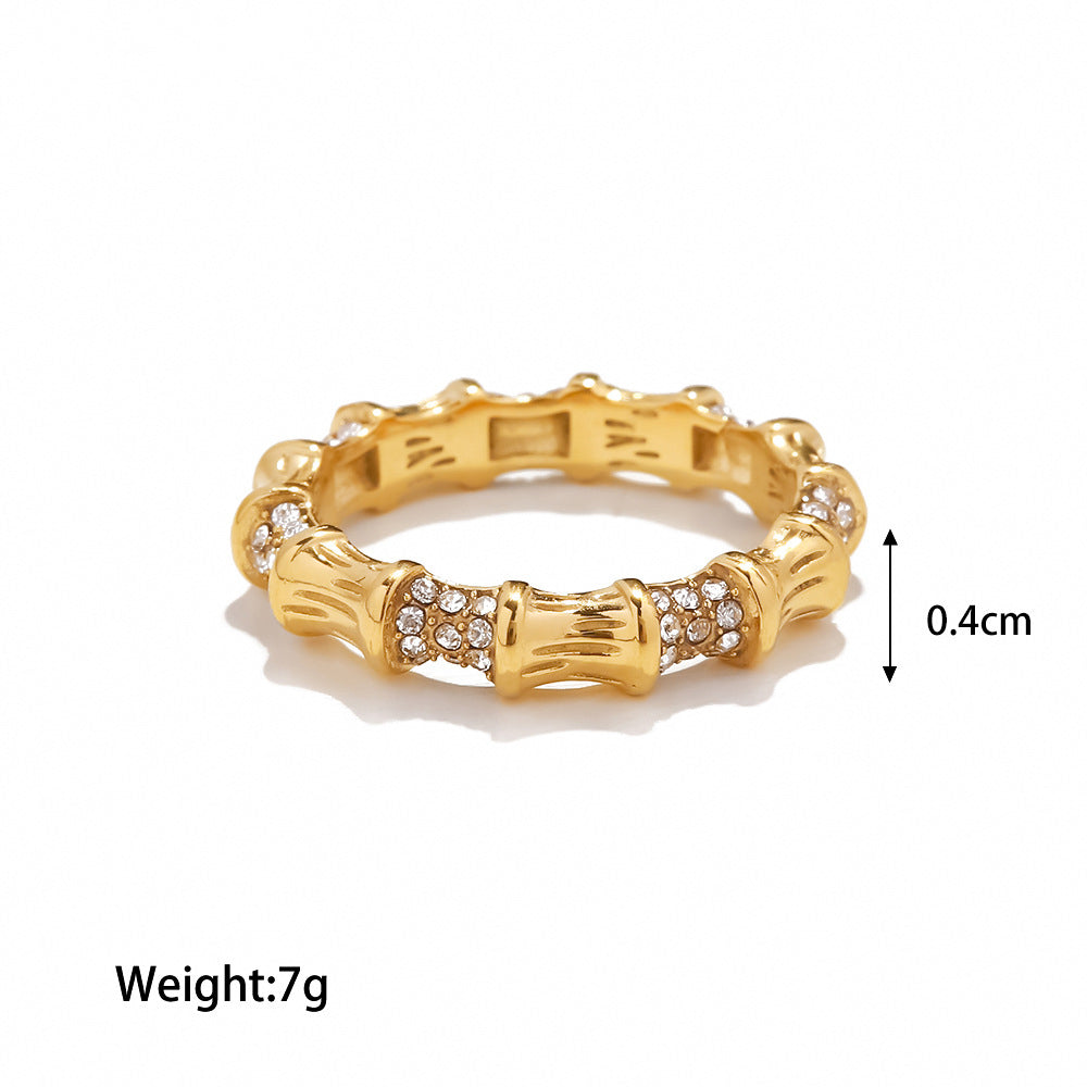 18K Gold Plated White Diamond Bamboo Ring