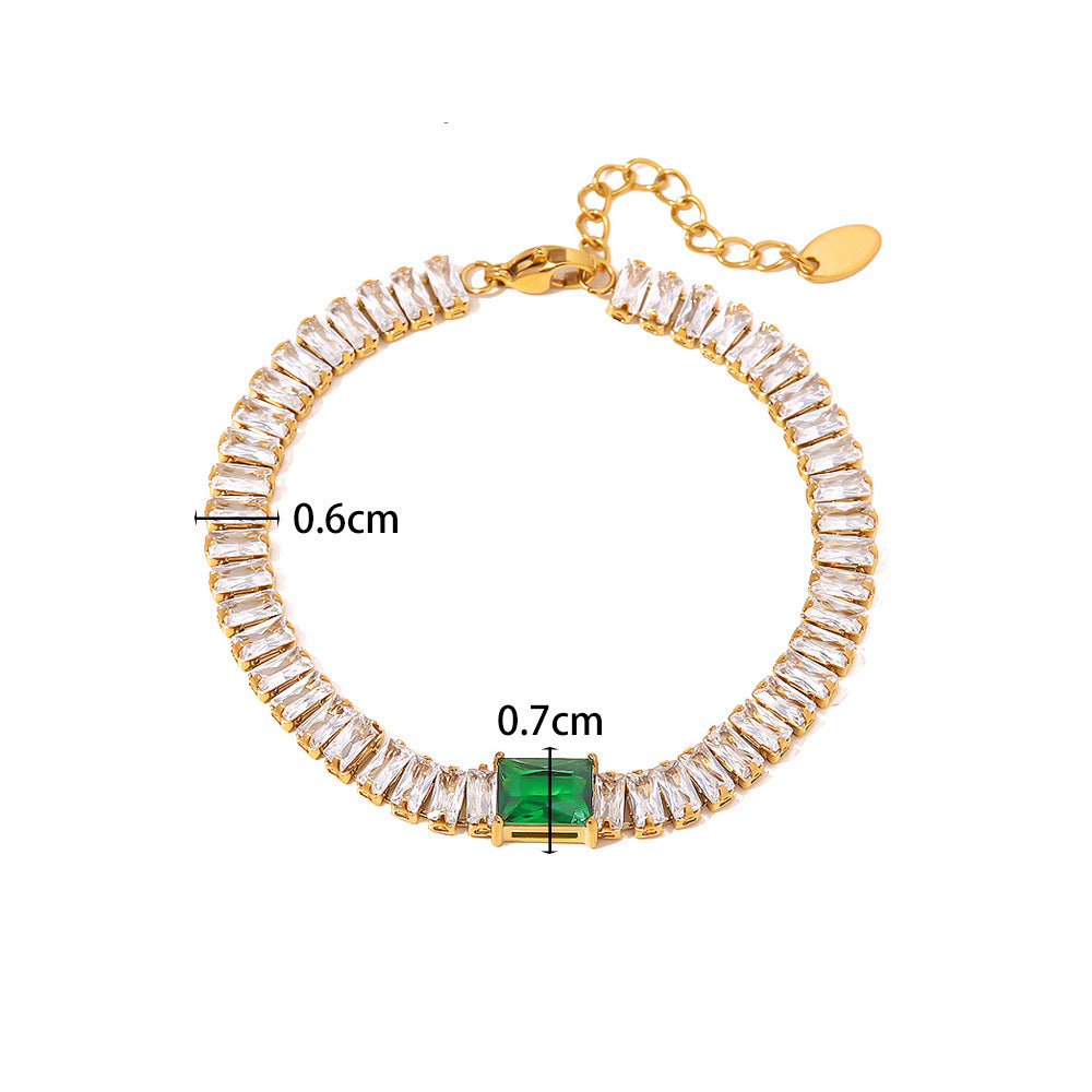 18K Gold Fashion Personality Square Inlaid Green Zircon Design Bracelet Necklace Set