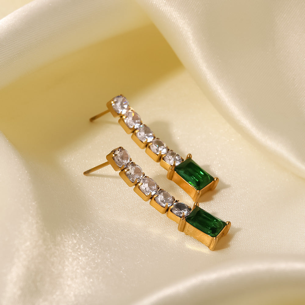 Fashionable and versatile inlaid green and white zircon pendant earrings