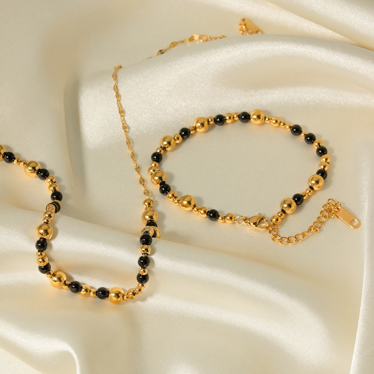 18k gold light luxury noble round beads with black agate bead string design necklace bracelet set