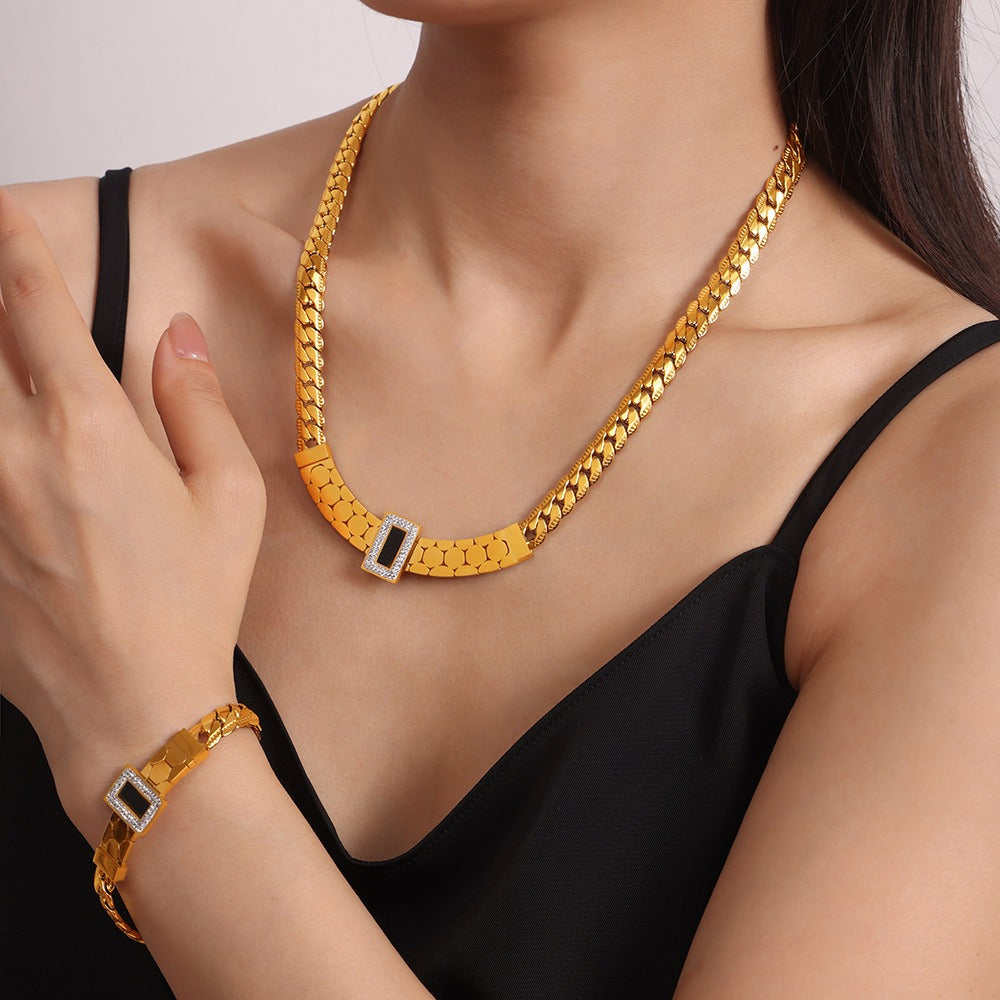 18K gold exquisite light luxury geometric inlaid zircon and gemstone design versatile bracelet & necklace set