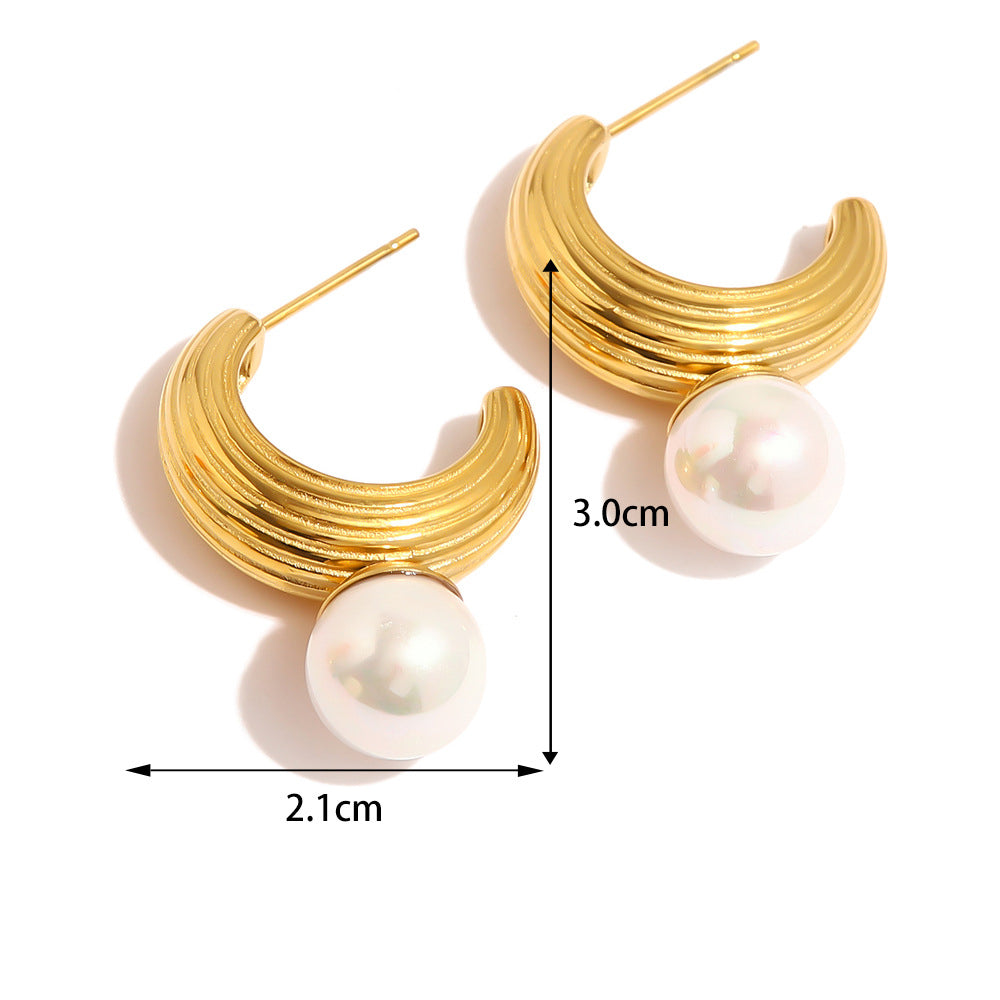 18K Gold Fashion Retro C Shape Thread Inlaid Pearl Versatile Earrings