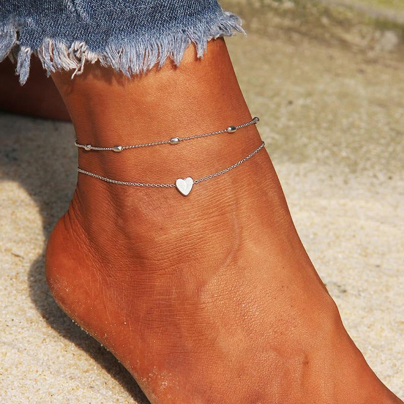 18K gold novel and fashionable double-layered beach style anklet with love design