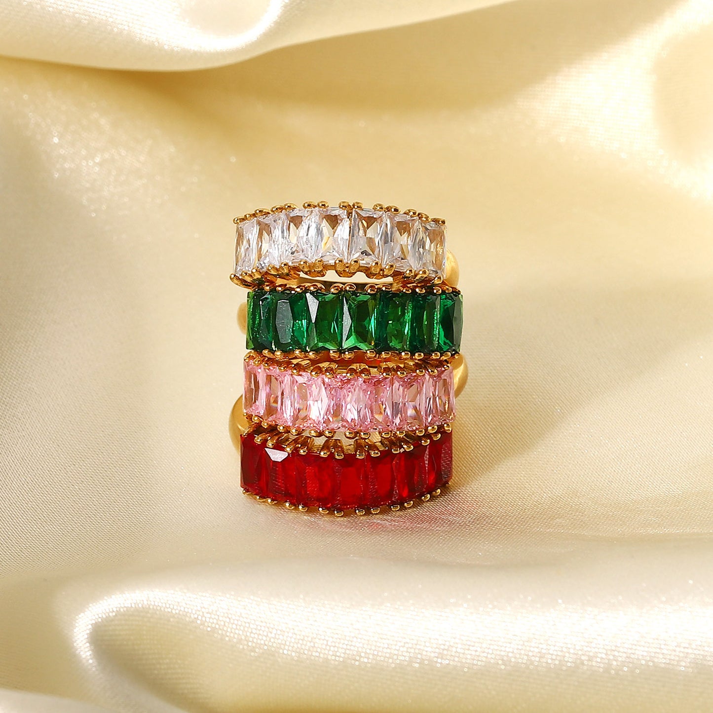 18K Gold Half Circle Rectangular White/Red/Green/Pink Zircon Ring