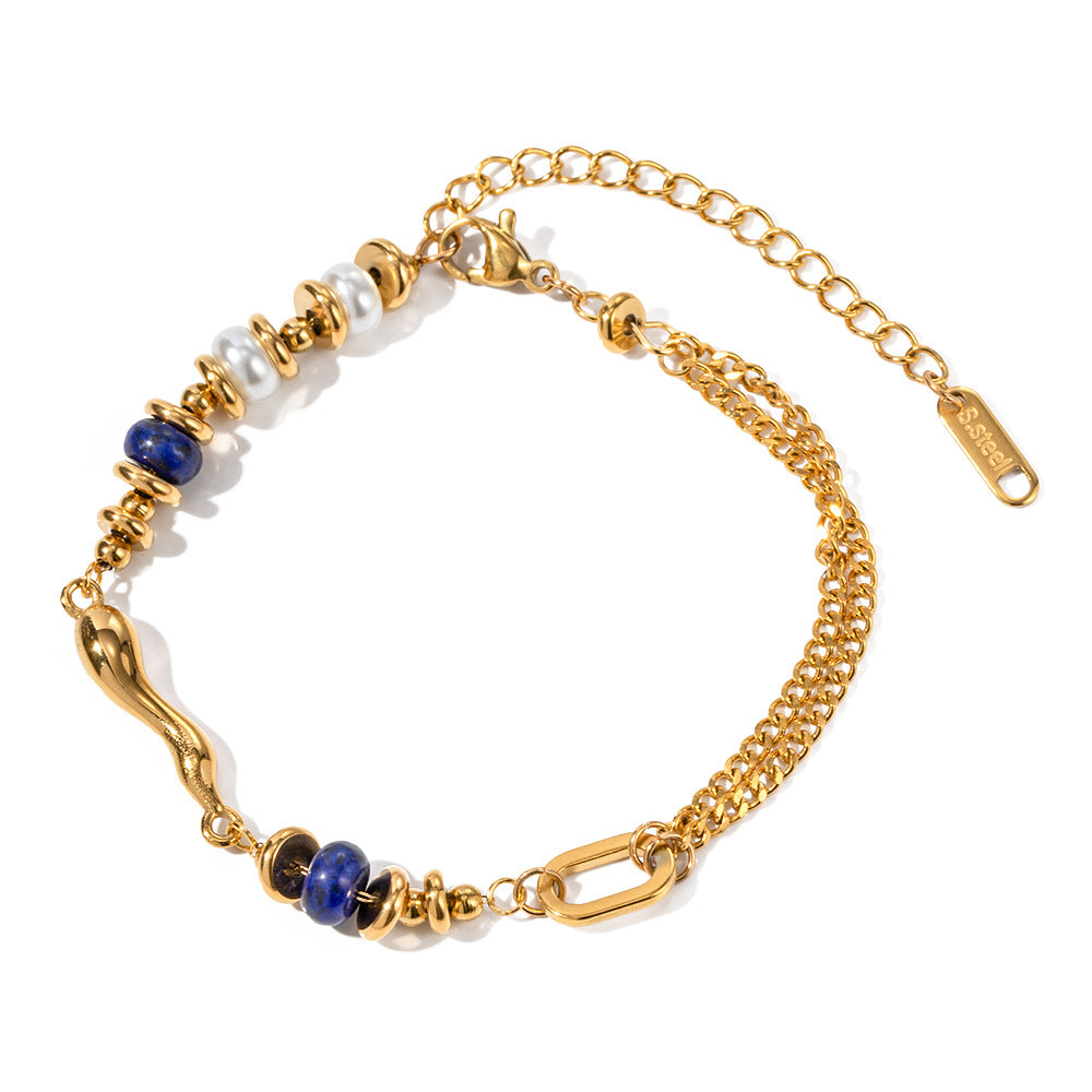 18k trendy personalized inlaid pearl and lapis lazuli shaped water drop design bracelet