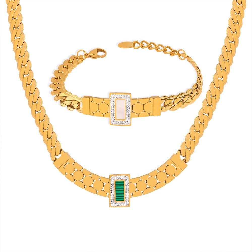 18K gold exquisite light luxury geometric inlaid zircon and gemstone design versatile bracelet & necklace set