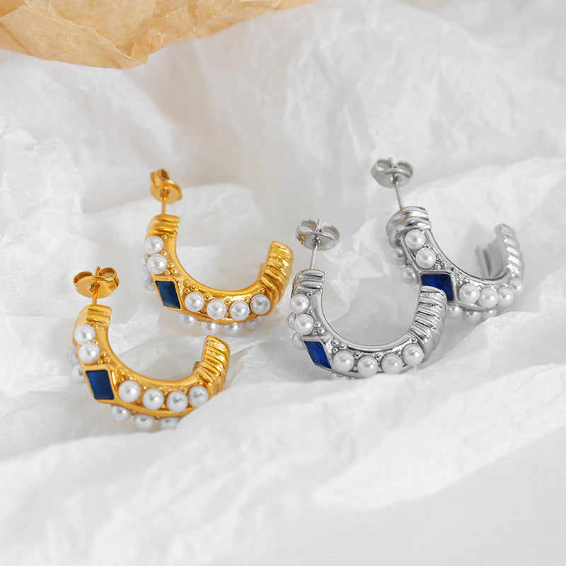 18K Gold Exquisite and Noble C-shaped Inlaid Zircon with Pearl Design Versatile Earrings