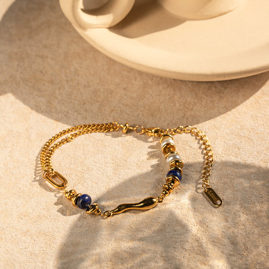 18k trendy personalized inlaid pearl and lapis lazuli shaped water drop design bracelet