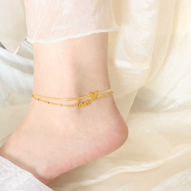 18K gold exquisite and fashionable heart with "LOVE" double-layer design anklet