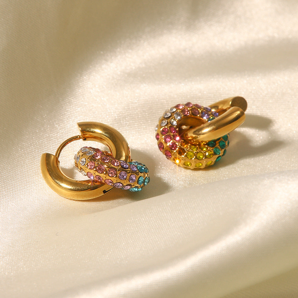 18k Gold Fashion Exquisite Colorful Diamond Donut Design Versatile Earrings "