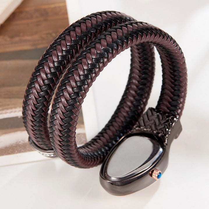 Luxury Quartz Watch with Snake Design and Diamond Leather Band