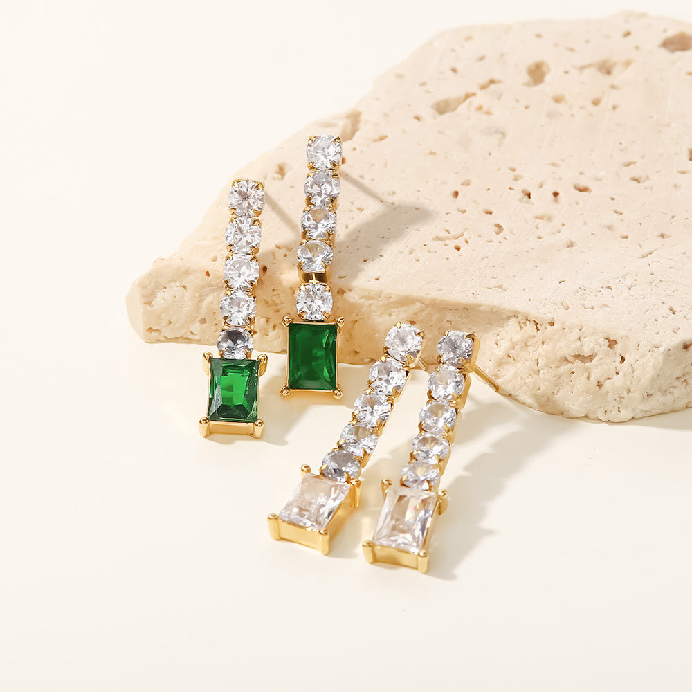 Fashionable and versatile inlaid green and white zircon pendant earrings