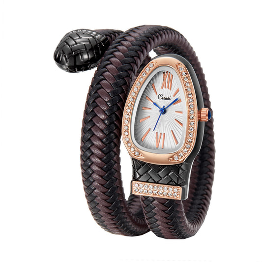 Luxury Quartz Watch with Snake Design and Diamond Leather Band
