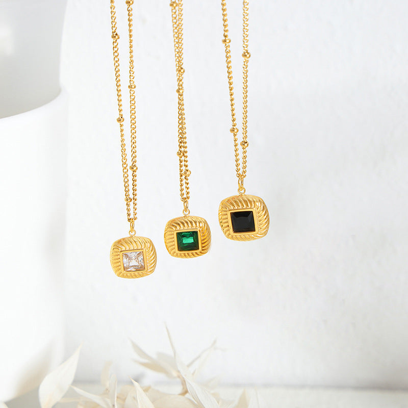 18K Gold Fashionable Retro Square Inlaid Gem Design Court Style Earrings Necklace Set