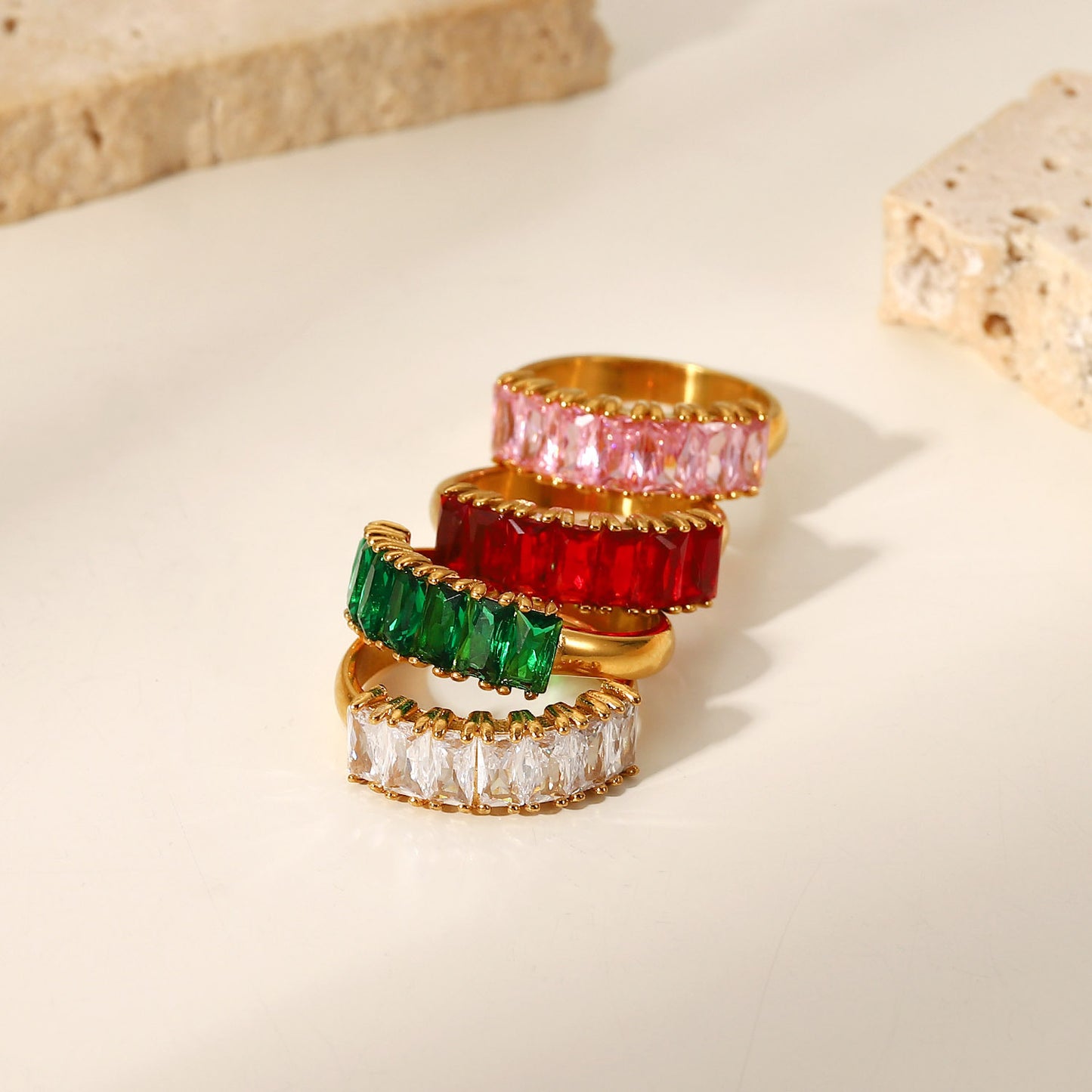 18K Gold Half Circle Rectangular White/Red/Green/Pink Zircon Ring