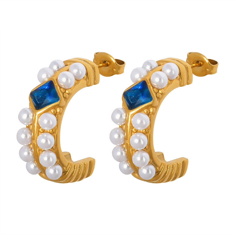 18K Gold Exquisite and Noble C-shaped Inlaid Zircon with Pearl Design Versatile Earrings