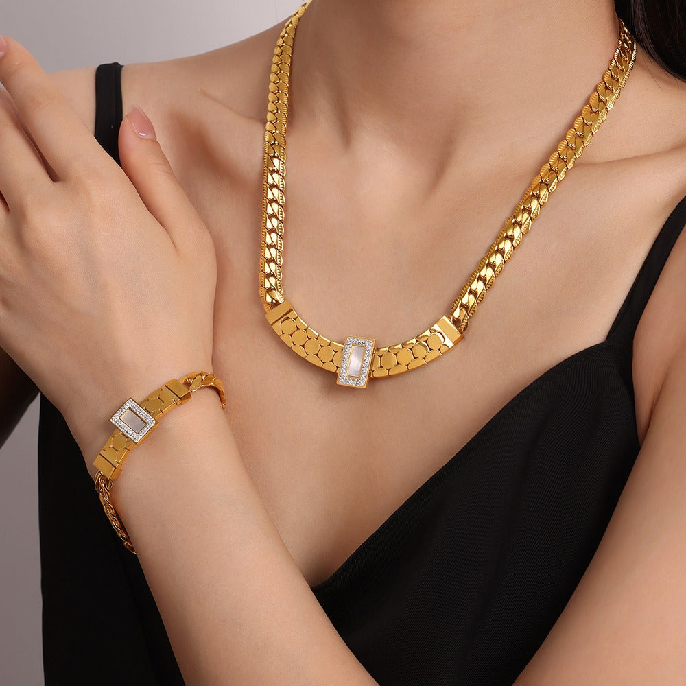 18K gold exquisite light luxury geometric inlaid zircon and gemstone design versatile bracelet & necklace set