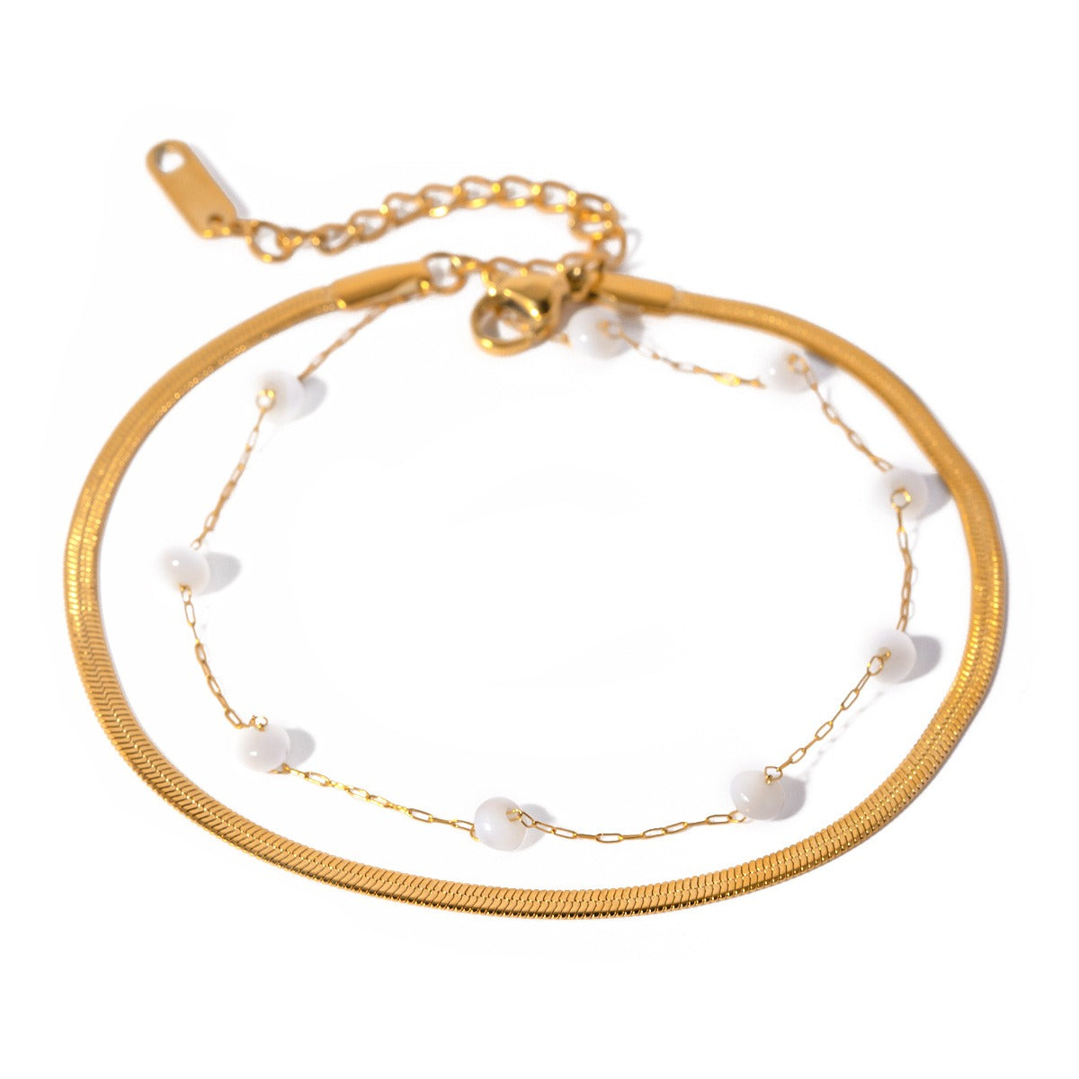 18K gold simple double-layer chain with pearl design anklet