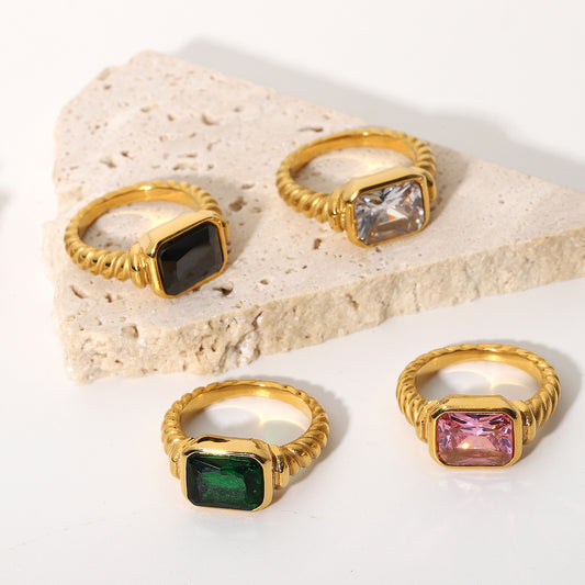 Rectangular Emerald Pink White Black Zircon Ring