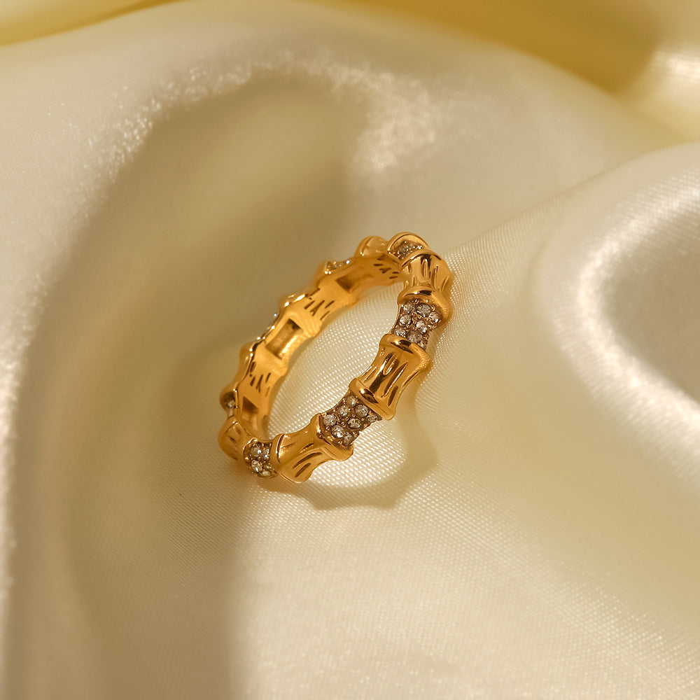 18K Gold Plated White Diamond Bamboo Ring