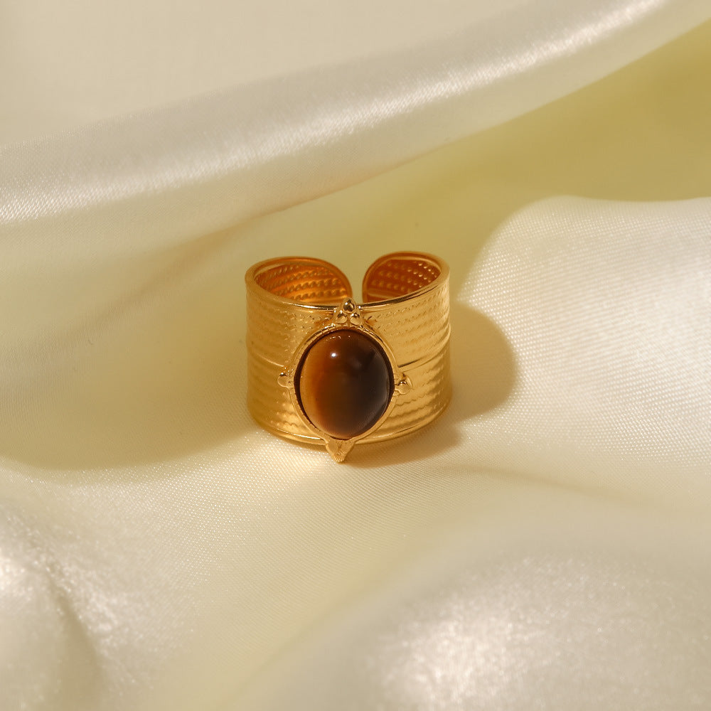 18K Gold Plated Inlaid Natural Tiger Eye Adjustable Wide Ring