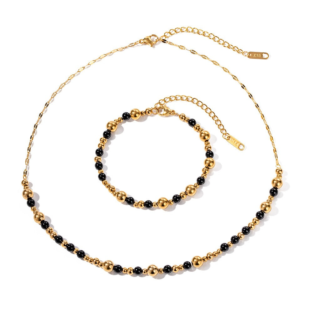 18k gold light luxury noble round beads with black agate bead string design necklace bracelet set