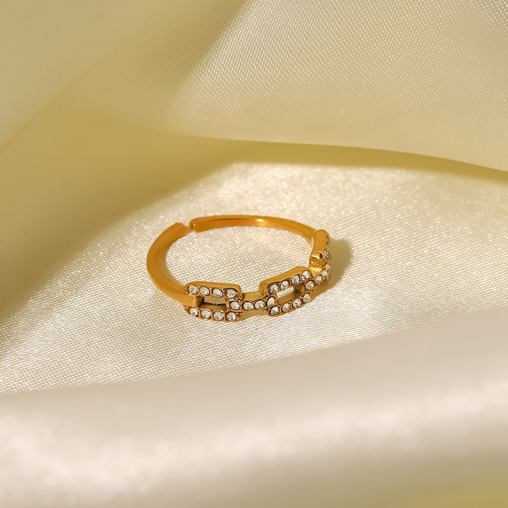 18k Gold Plated Square Link Small Diamond Delicate Stacking Ring