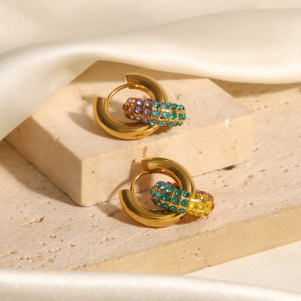 18k Gold Fashion Exquisite Colorful Diamond Donut Design Versatile Earrings "