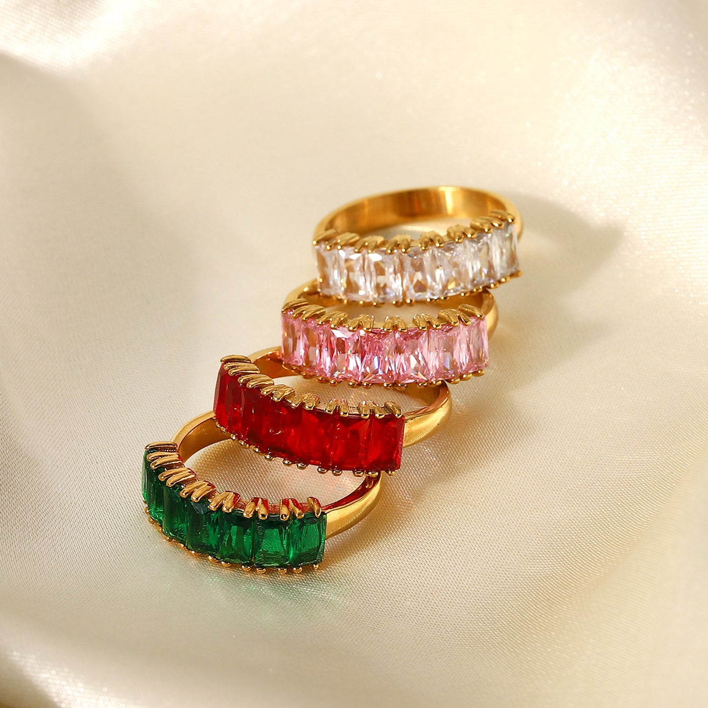 18K Gold Half Circle Rectangular White/Red/Green/Pink Zircon Ring