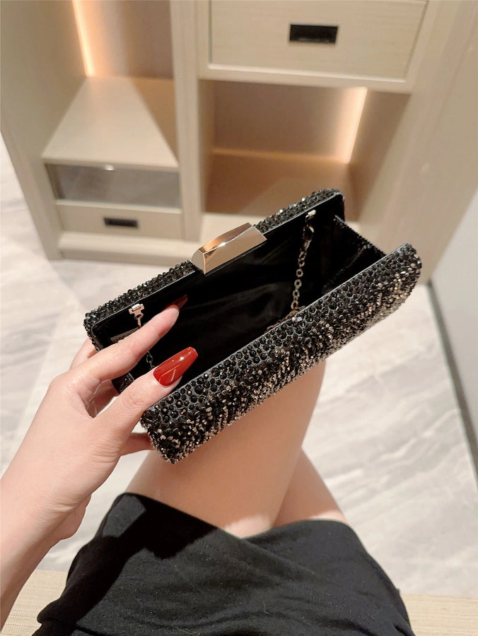 Black Rhinestone Solid Color Rhinestone Chain Square Evening Bags