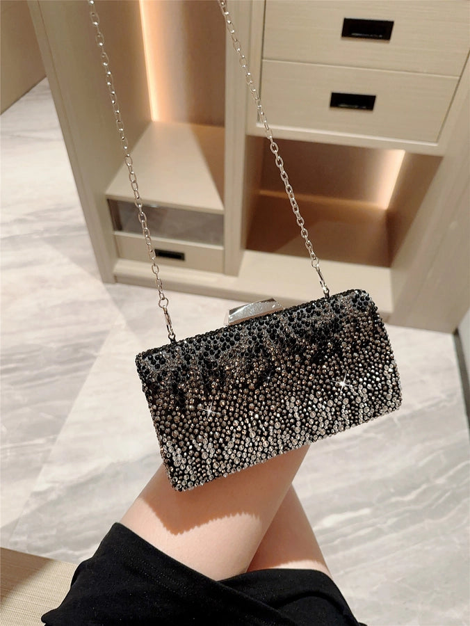 Black Rhinestone Solid Color Rhinestone Chain Square Evening Bags