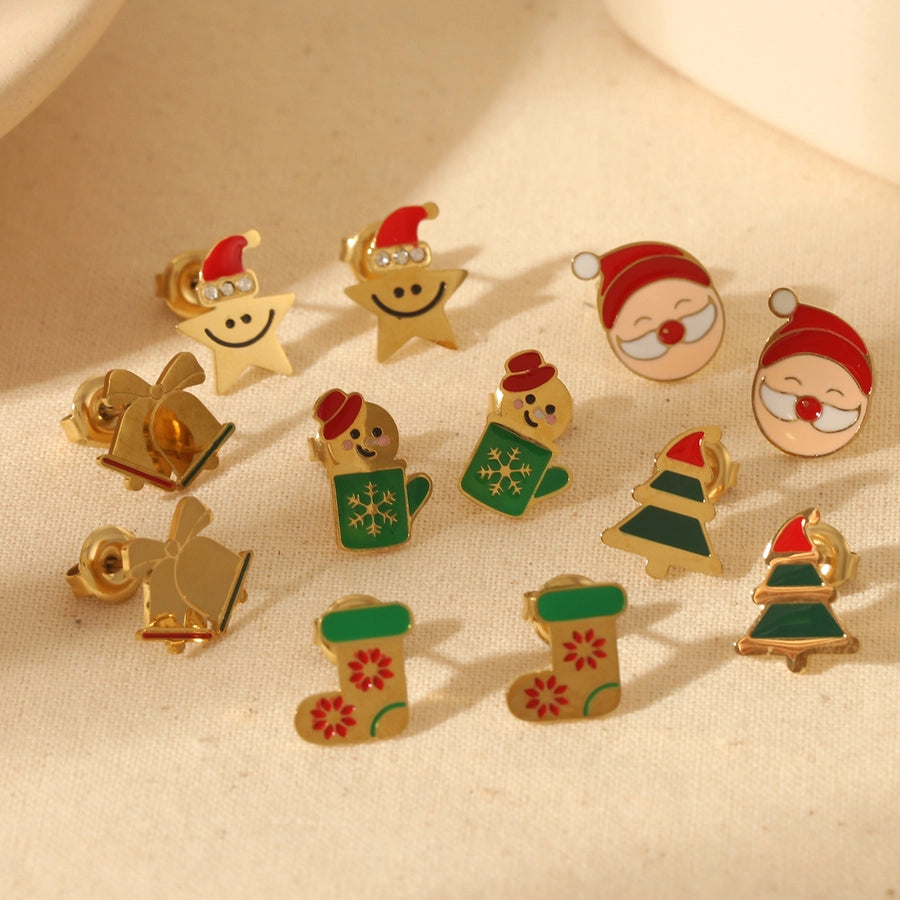 Sweet Simple Style Christmas Tree Santa Claus Enamel Stainless Steel Zircon 14K Gold Plated Ear Studs