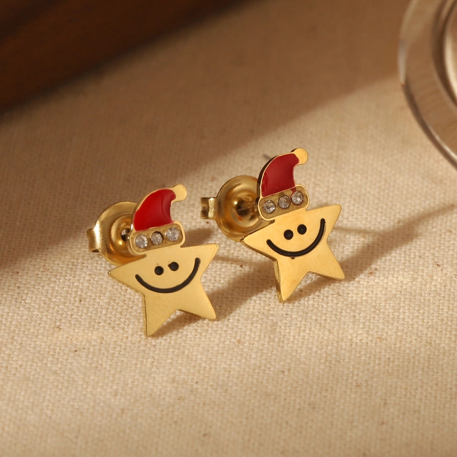 Sweet Simple Style Christmas Tree Santa Claus Enamel Stainless Steel Zircon 14K Gold Plated Ear Studs