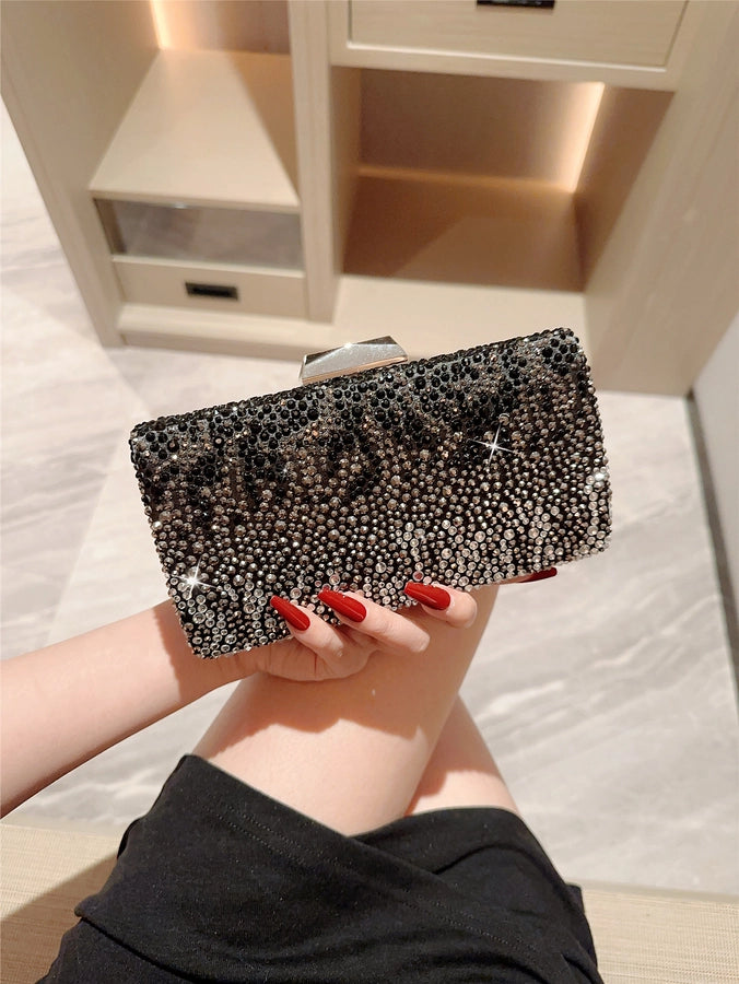 Black Rhinestone Solid Color Rhinestone Chain Square Evening Bags